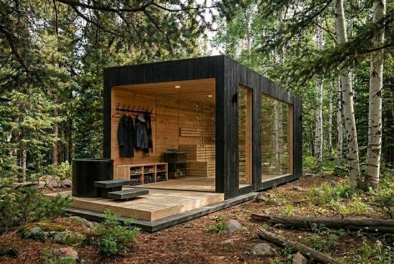 Salt Wind sauna in a forest clearing at dusk