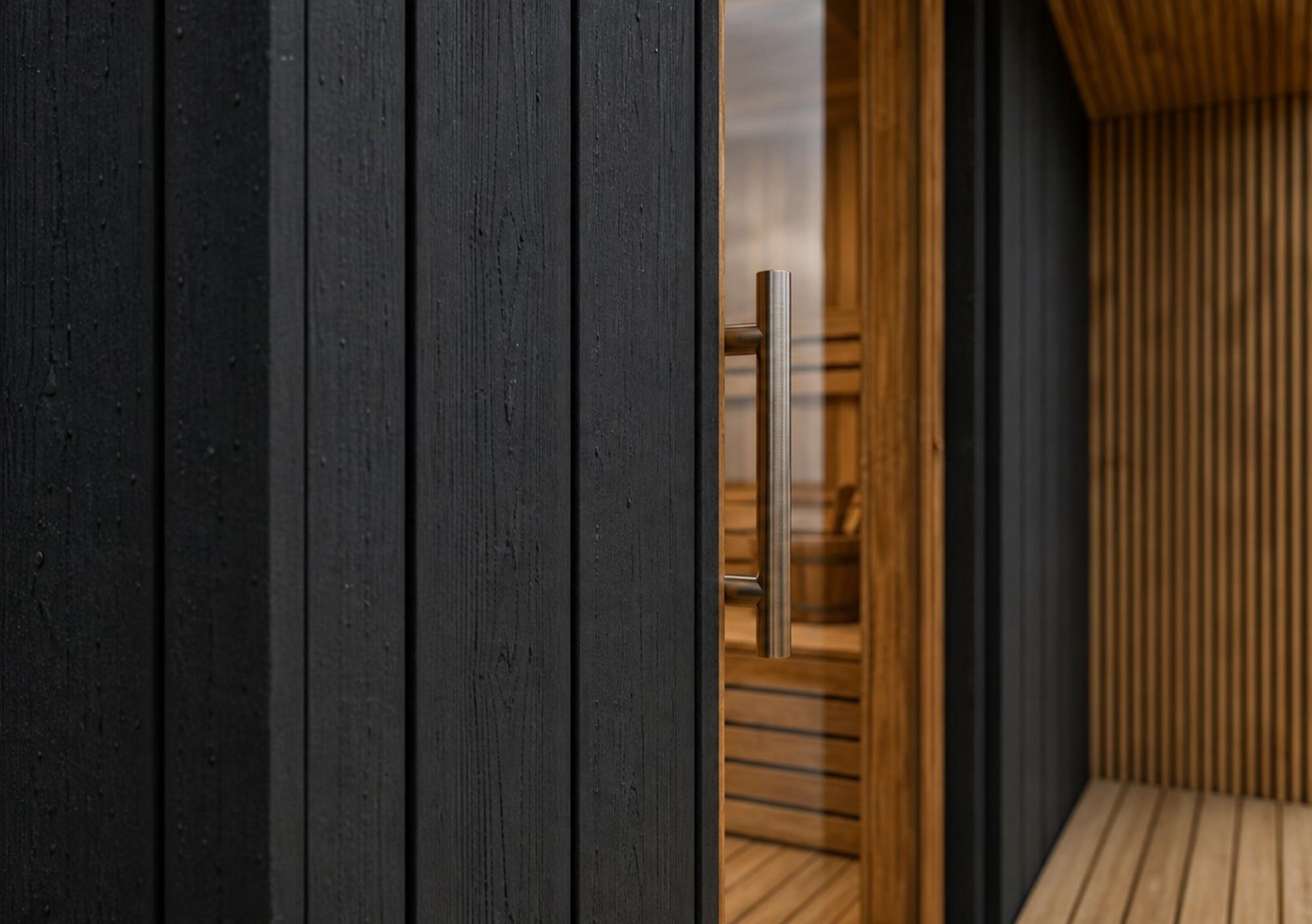 Charred cedar door detail, glass door open to the benches