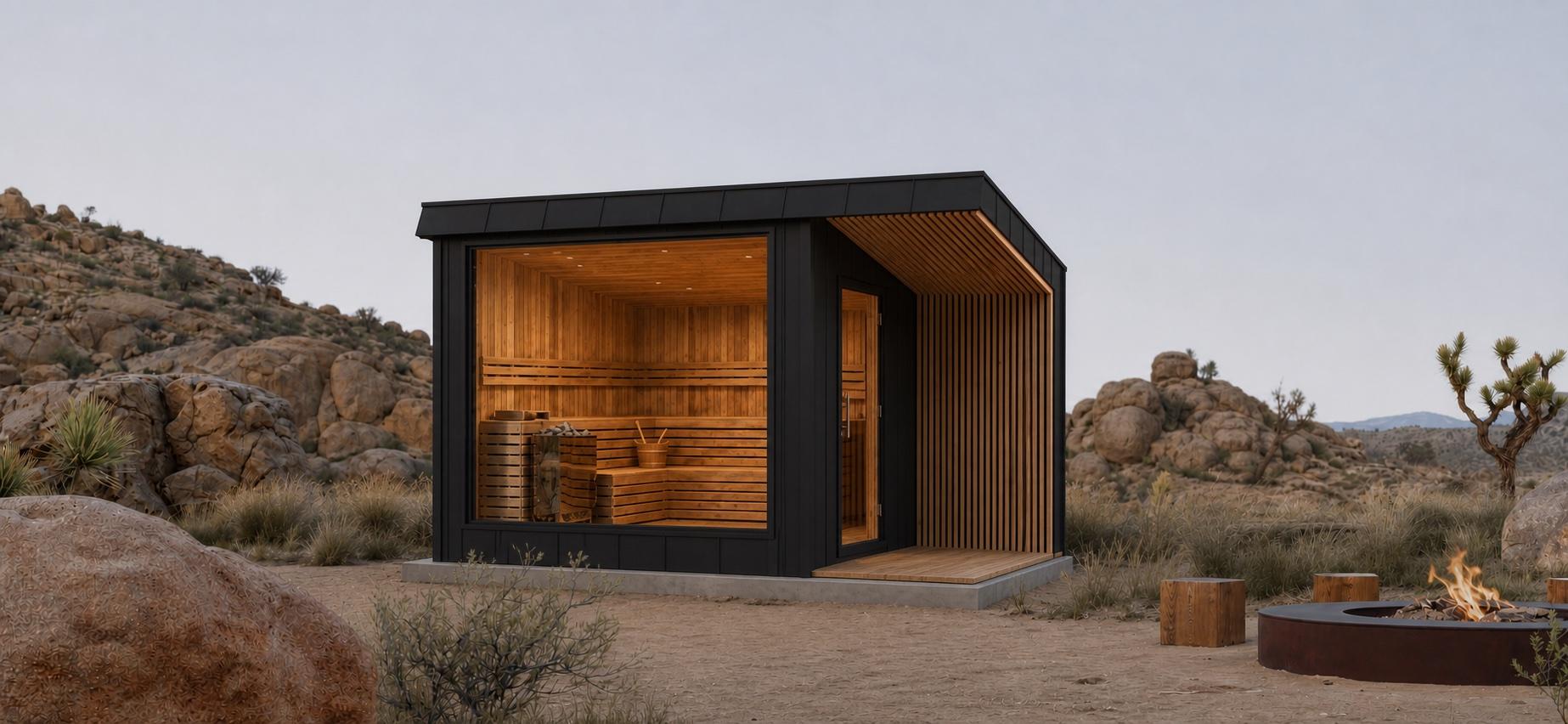 Cedar Swell sauna in the high desert, glass wall and door open to the benches, fire pit beside it